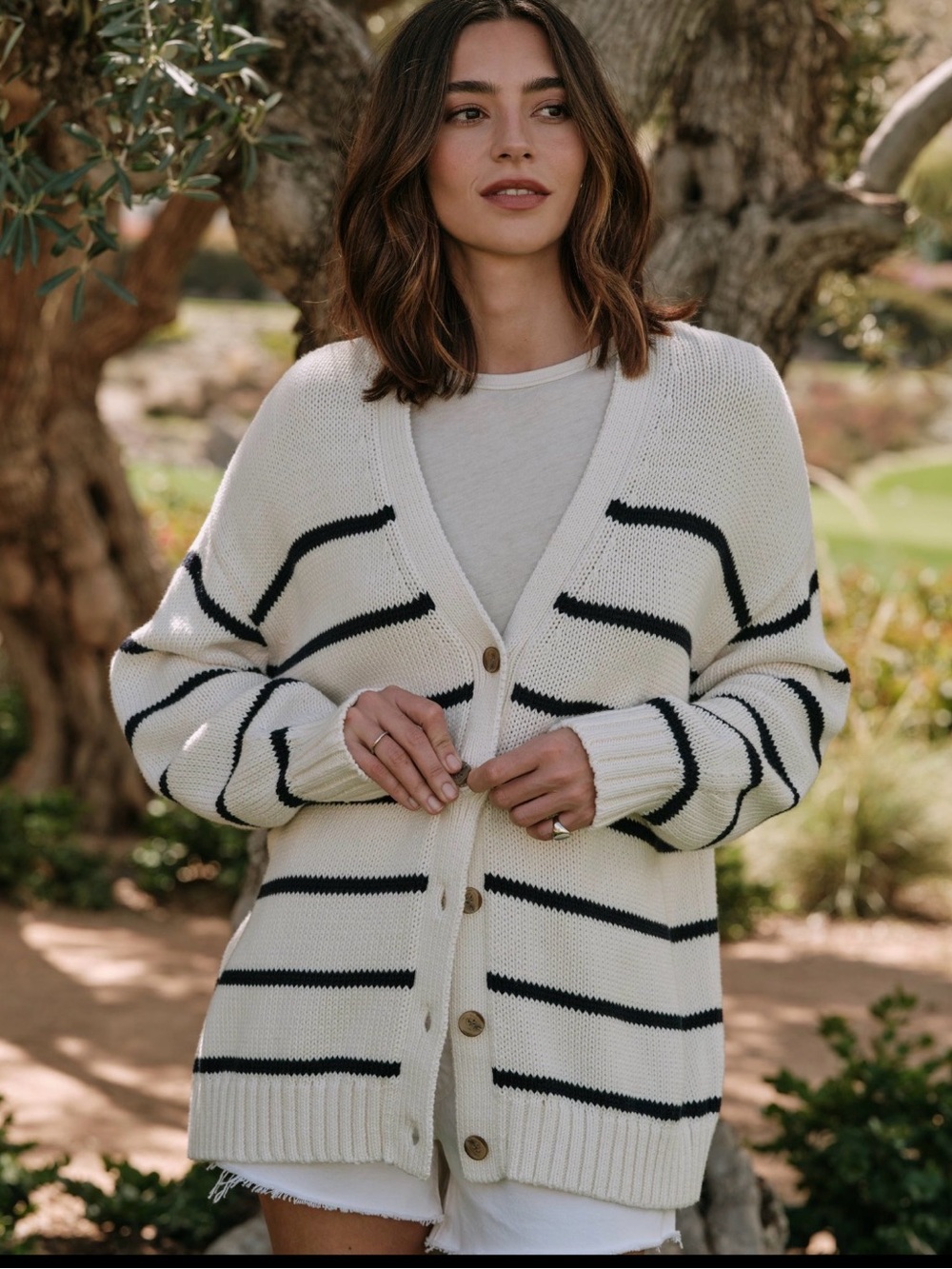 Jenni Kayne Striped Cotton Cardigan in Cream & Black Size Small